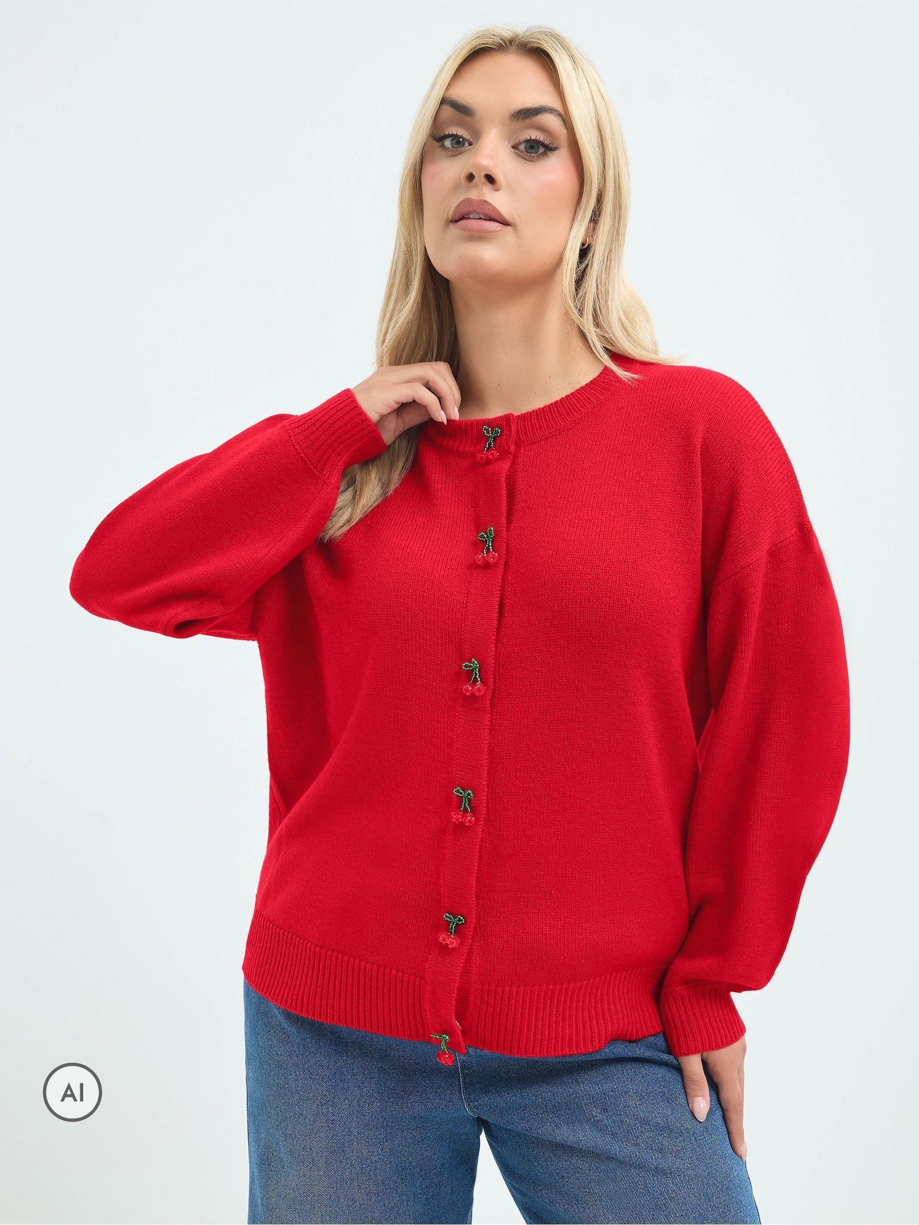 Yours Women's Red Cherry Bow Button Cardigan Sweater In | : 26/28 - Image 2