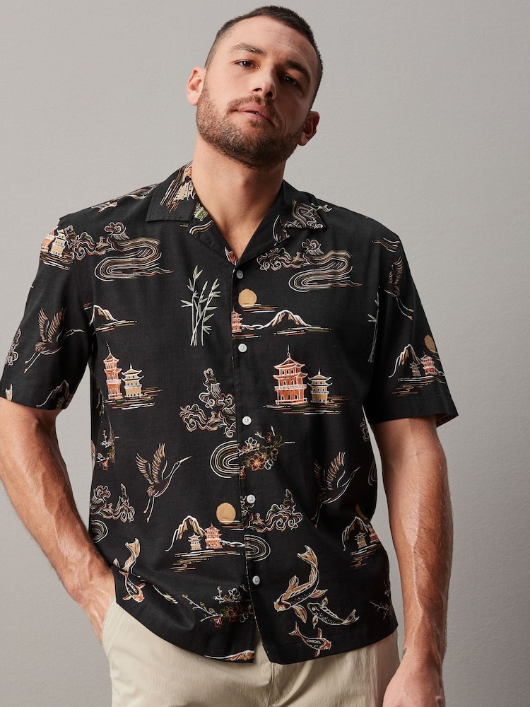 Black Printed Short Sleeve Shirt With Cuban Collar - Image 1 of 7
