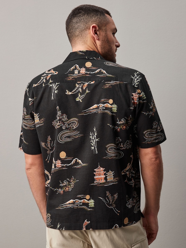 Black Printed Short Sleeve Shirt With Cuban Collar - Image 2 of 7