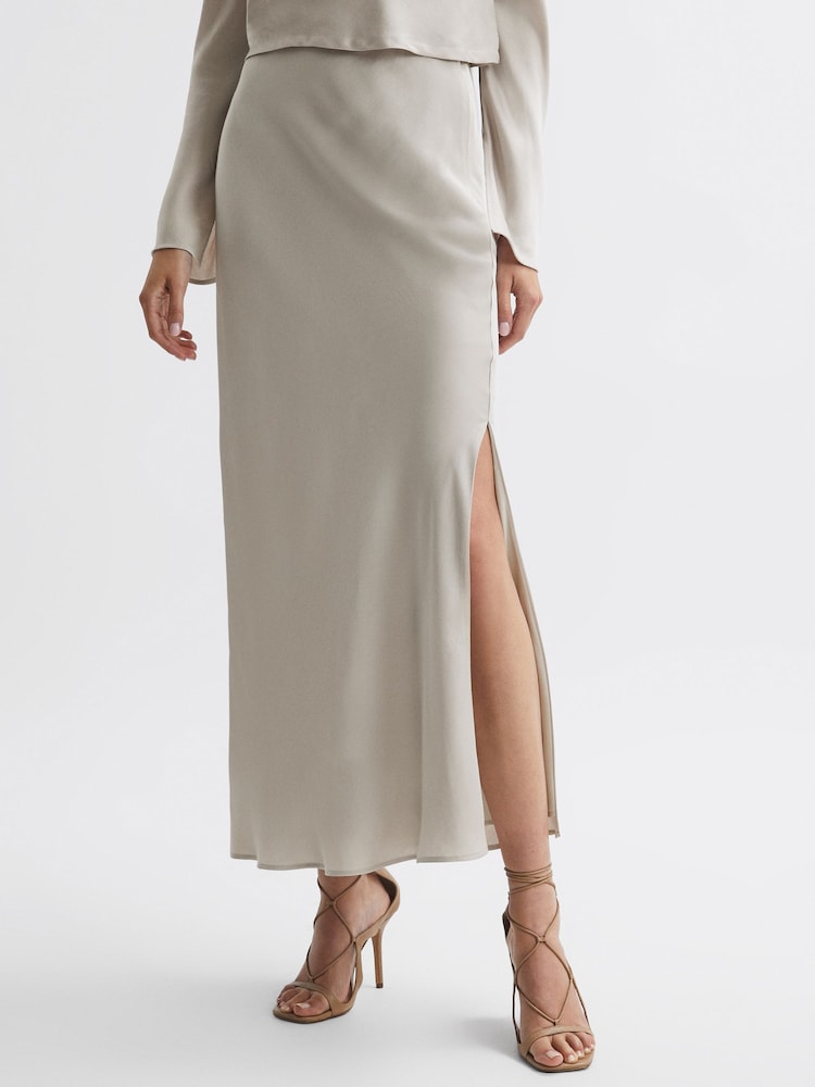 Reiss Silver Avril Metallic Fitted High Rise Midi Skirt - Image 1 of 4