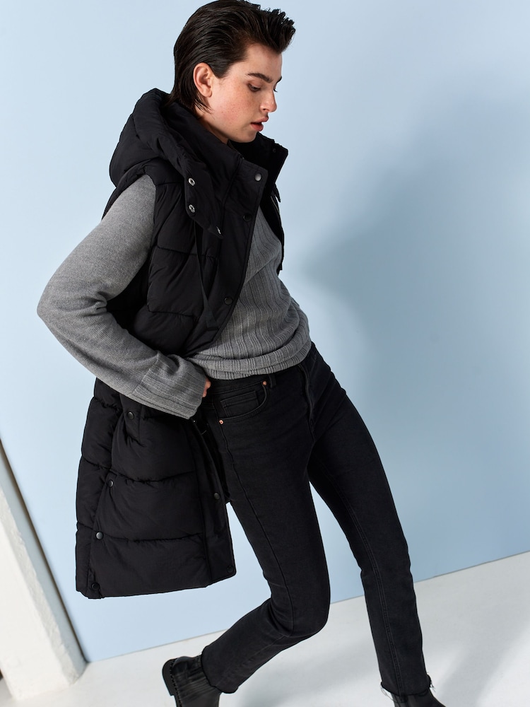 Black Padded Longline Gilet - Image 2 of 8