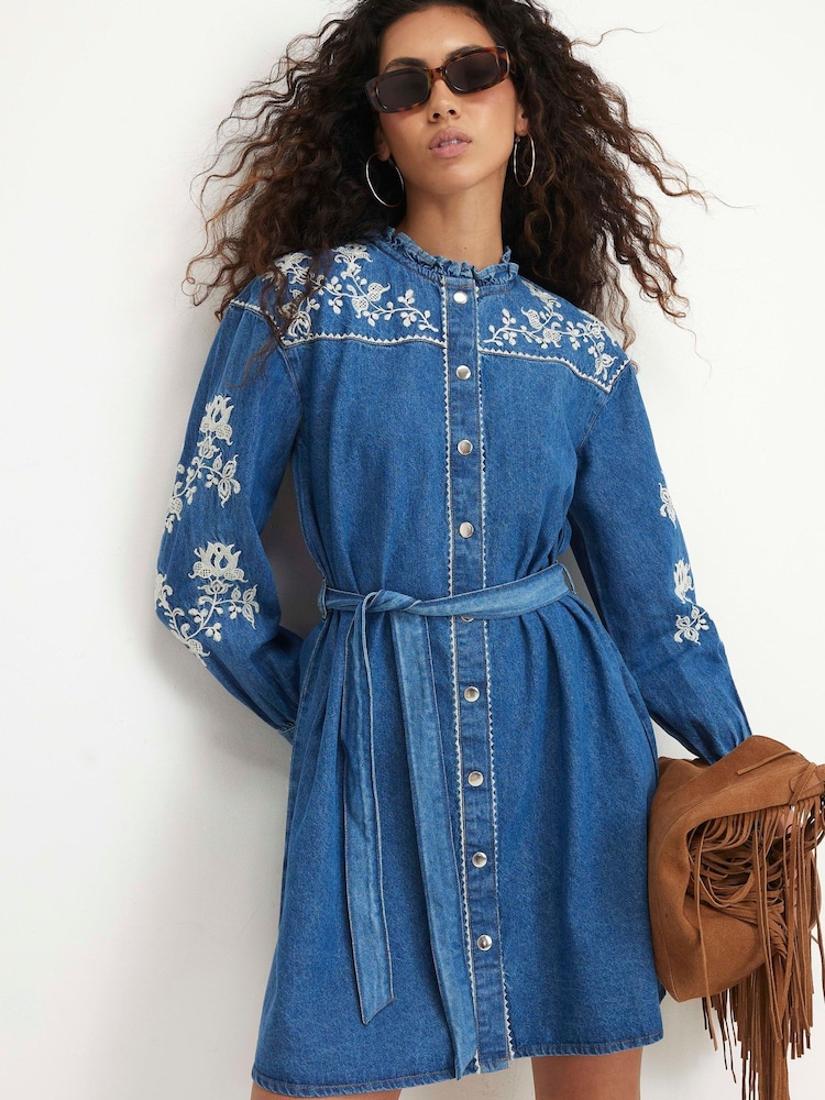 River Island Blue Embroidered Denim Swing Belted Dress - Image 1 of 4 River Island Blue Embroidered Denim Swing Belted Dress - Image 1 of 4