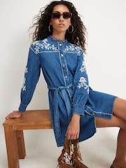 River Island Blue Embroidered Denim Swing Belted Dress - Image 2 of 4