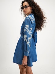 River Island Blue Embroidered Denim Swing Belted Dress - Image 3 of 4