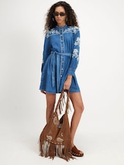 River Island Blue Embroidered Denim Swing Belted Dress - Image 4 of 4