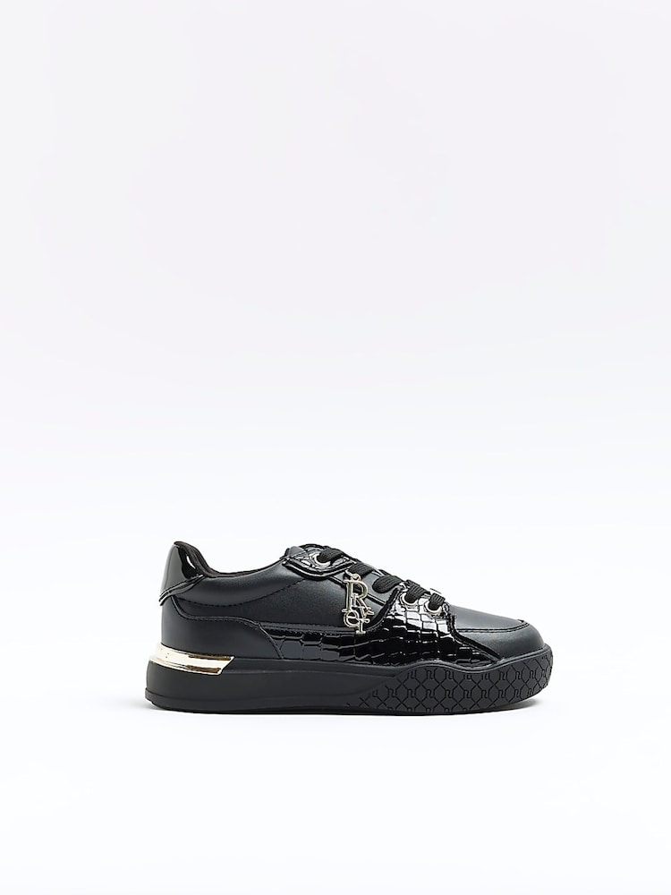 River Island Black Girls Croc Effect Patent Trainers - Image 1 of 5