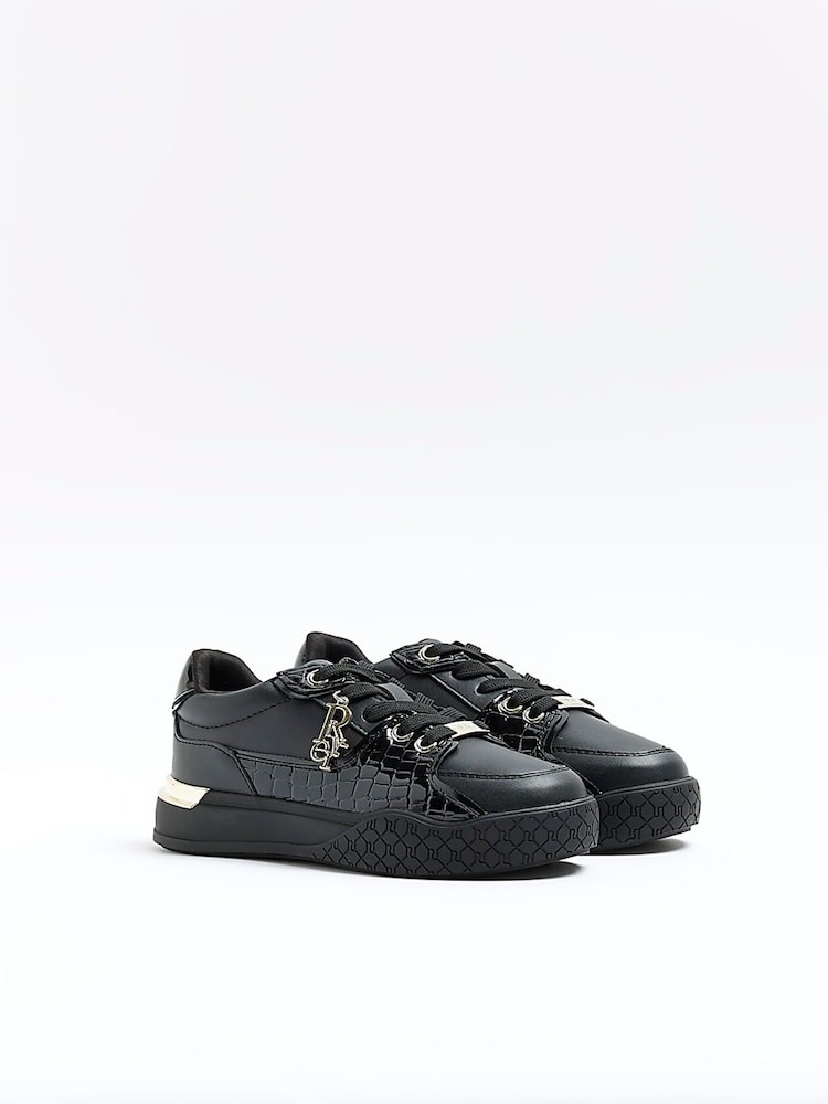River Island Black Girls Croc Effect Patent Trainers - Image 2 of 5