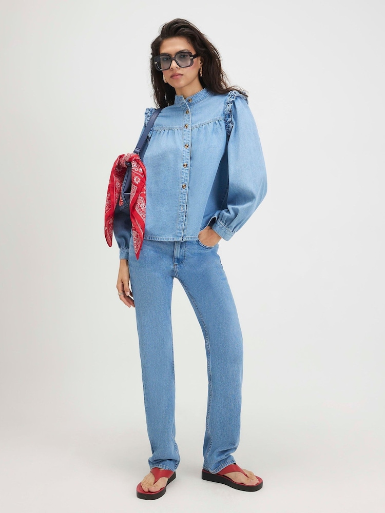 River Island Blue Long Sleeve Ruffle Shirt - Image 1 of 4