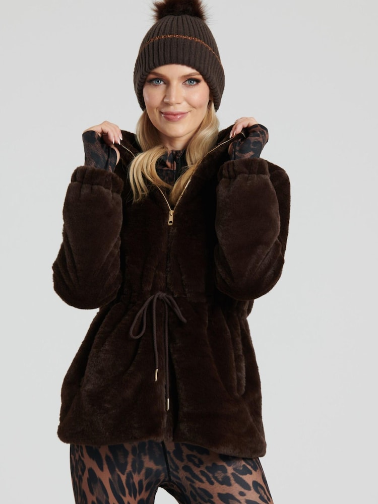 South Beach Brown Faux Fur Jacket with Waist Ties - Image 1 of 6