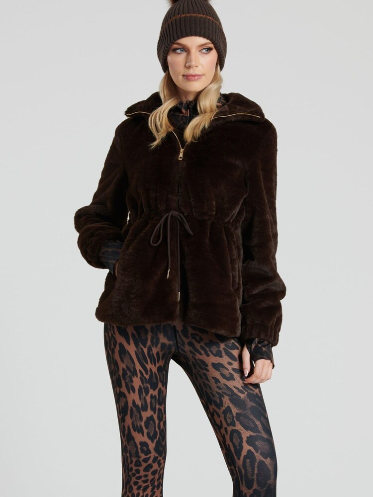 South Beach Brown Faux Fur Jacket with Waist Ties - Image 3 of 6