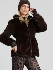 South Beach Brown Faux Fur Jacket with Waist Ties - Image 4 of 6