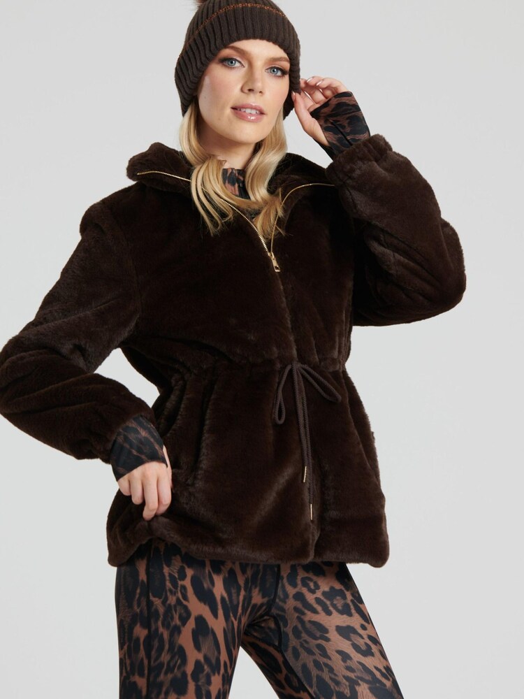 South Beach Brown Faux Fur Jacket with Waist Ties - Image 4 of 6