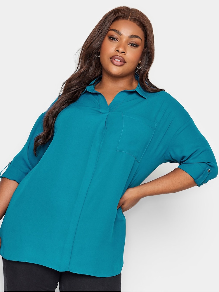 Yours Curve Blue Long Sleeved Half Placket Blouse - Image 1 of 4 Yours Curve Blue Long Sleeved Half Placket Blouse - Image 1 of 4