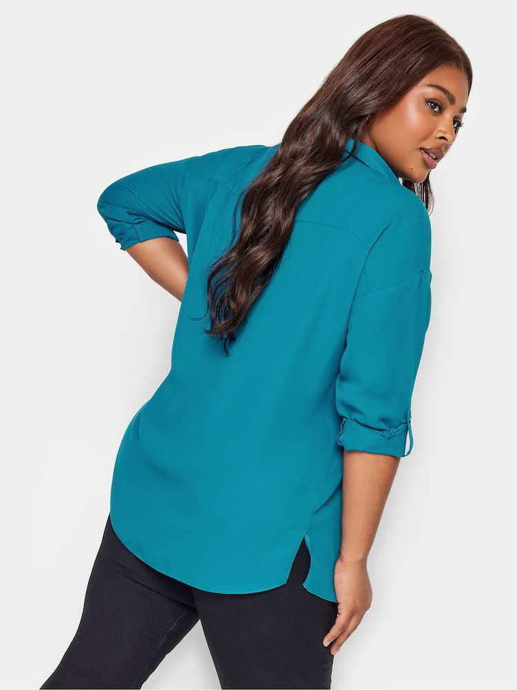 Yours Curve Blue Long Sleeved Half Placket Blouse - Image 4 of 4 Yours Curve Blue Long Sleeved Half Placket Blouse - Image 4 of 4