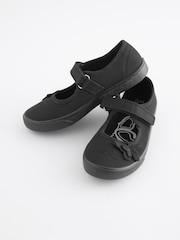 Black Standard Fit (F) Butterfly Embroidered School Plimsoll Shoes - Image 1 of 7