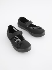 Black Standard Fit (F) Butterfly Embroidered School Plimsoll Shoes - Image 2 of 7