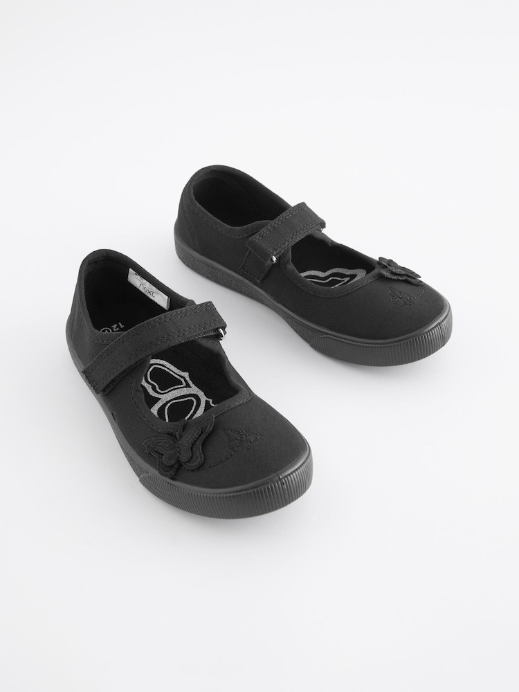 Black Standard Fit (F) Butterfly Embroidered School Plimsoll Shoes - Image 2 of 7