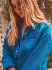 Kobaltno modra - Linen Look Casual Summer Shirt - Slika 4 iz 6