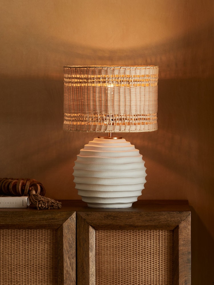 White Calla Textured Table Lamp With Woven Rattan Shade - Image 1 of 4