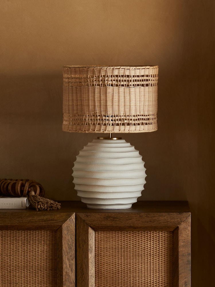 White Calla Textured Table Lamp With Woven Rattan Shade - Image 2 of 4