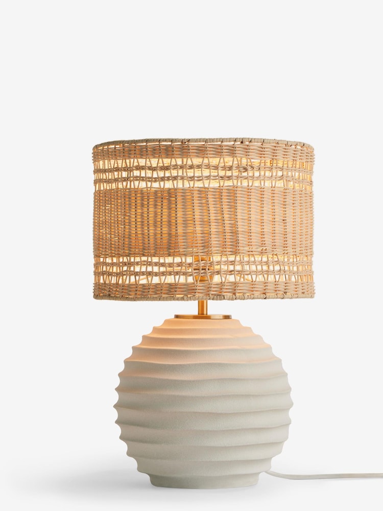 White Calla Textured Table Lamp With Woven Rattan Shade - Image 4 of 4
