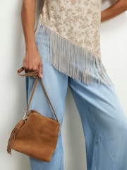 River Island Brown Triple Compartment Tassel Bucket Cross-Body Bag - Image 1 of 6