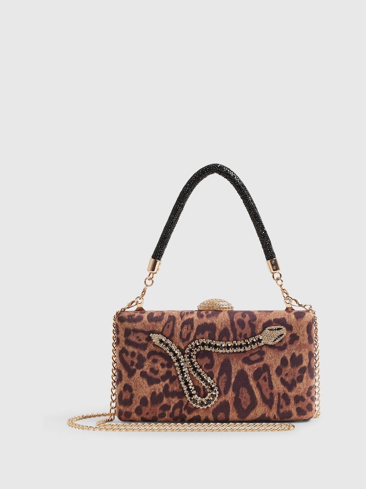 River Island Brown Leopard Print Snake Hard Clutch Bag - Image 2 of 4 River Island Brown Leopard Print Snake Hard Clutch Bag - Image 2 of 4