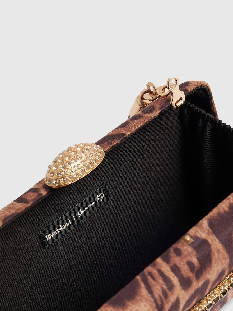 River Island Brown Leopard Print Snake Hard Clutch Bag - Image 4 of 4 River Island Brown Leopard Print Snake Hard Clutch Bag - Image 4 of 4