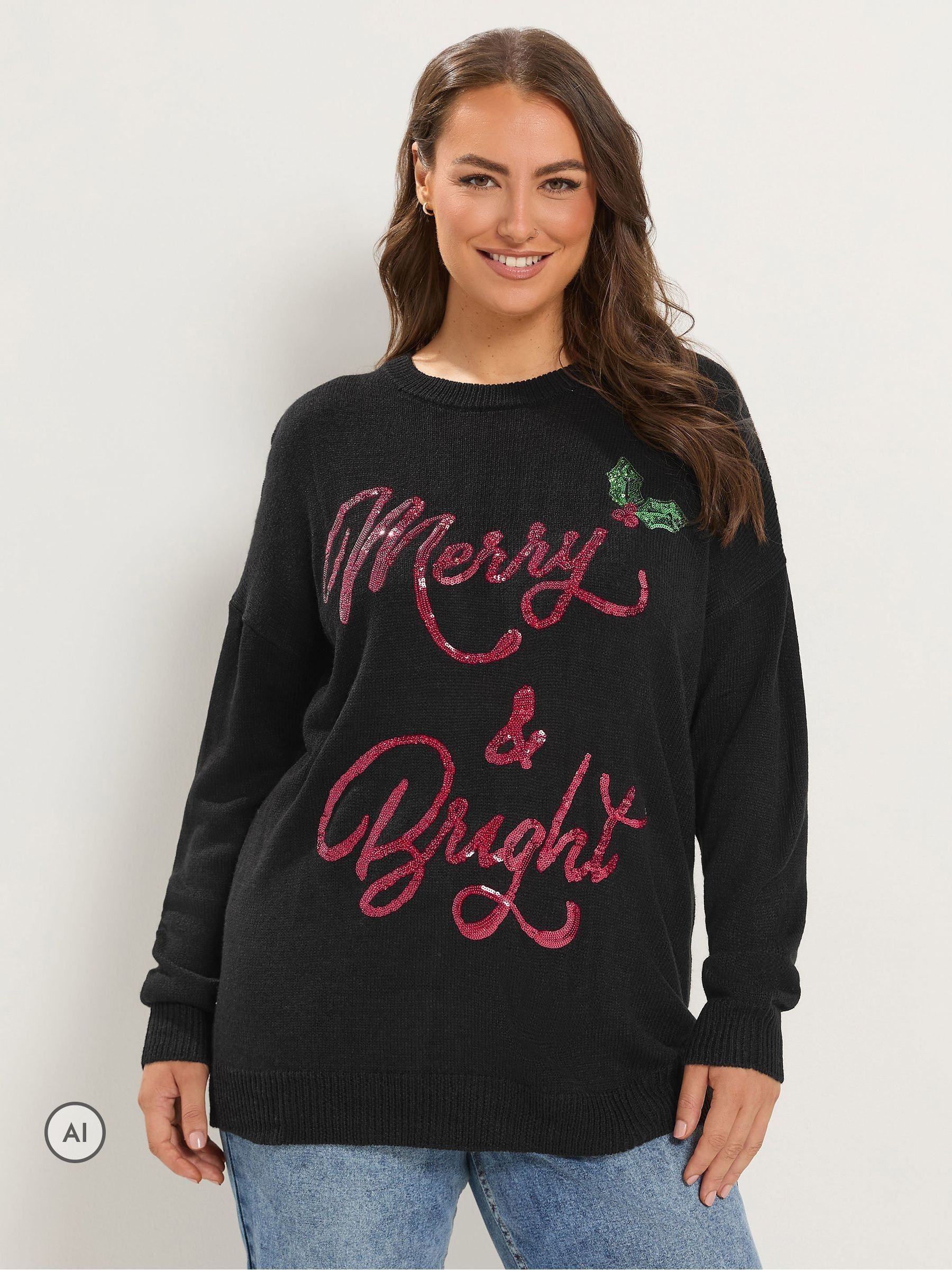Yours Curve Women's Black 'Merry & Bright' Sequin Novelty Jumper - Image 1