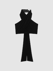 Reiss Black Anna Velvet Halter Neck Cropped Top - Image 2 of 4
