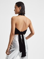Reiss Black Anna Velvet Halter Neck Cropped Top - Image 4 of 4