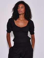 South Beach Black Spot Smocked Bodice Puff  Sleeve Blouse - Image 1 of 4