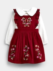 JoJo Maman Bébé Burgundy Red Floral Embroidered Pinny Dress & Collar Blouse - Image 1 of 7