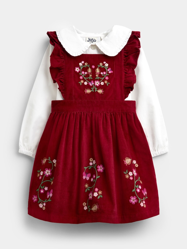 JoJo Maman Bébé Burgundy Red Floral Embroidered Pinny Dress & Collar Blouse - Image 1 of 7 JoJo Maman Bébé Burgundy Red Floral Embroidered Pinny Dress & Collar Blouse - Image 1 of 7