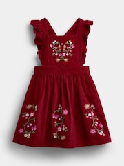 JoJo Maman Bébé Burgundy Red Floral Embroidered Pinny Dress & Collar Blouse - Image 4 of 7