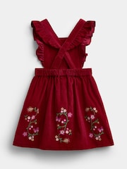JoJo Maman Bébé Burgundy Red Floral Embroidered Pinny Dress & Collar Blouse - Image 5 of 7