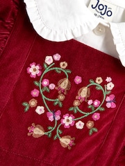 JoJo Maman Bébé Burgundy Red Floral Embroidered Pinny Dress & Collar Blouse - Image 6 of 7