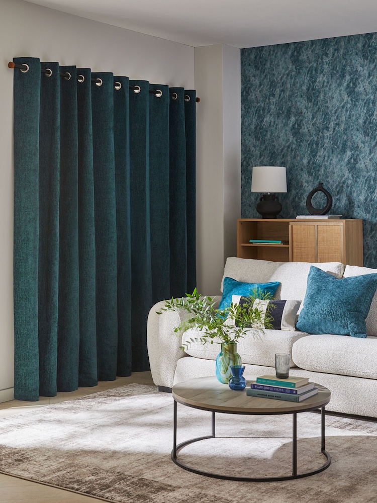 Dark Teal Green Heavyweight Chenille Eyelet Lined Curtains - Image 2 of 7
