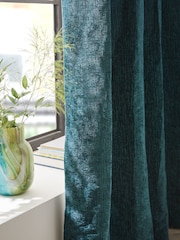 Dark Teal Green Heavyweight Chenille Eyelet Lined Curtains - Image 5 of 7