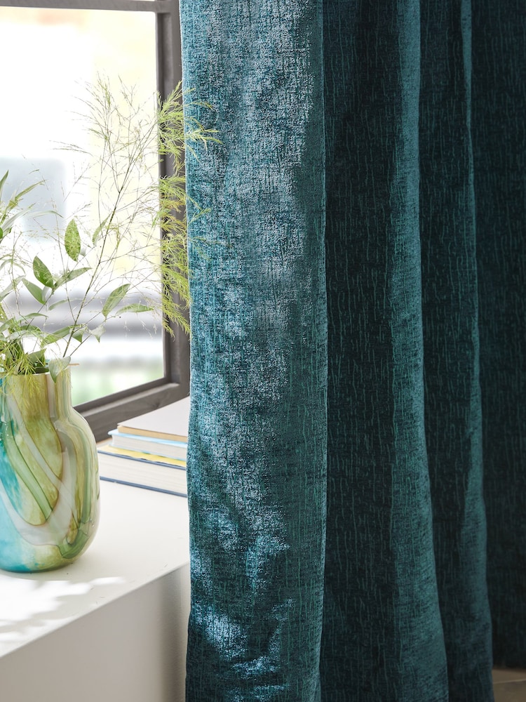 Dark Teal Green Heavyweight Chenille Eyelet Lined Curtains - Image 5 of 7
