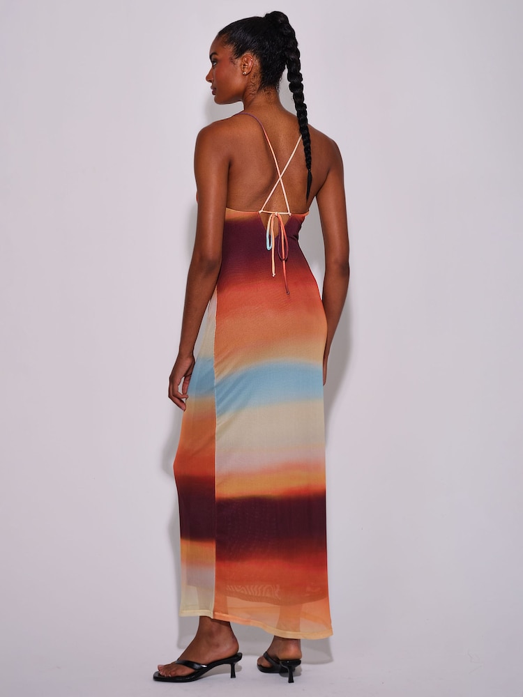South Beach Orange Ombre Mesh Cowl Neck Maxi Dress - Image 2 of 4 South Beach Orange Ombre Mesh Cowl Neck Maxi Dress - Image 2 of 4