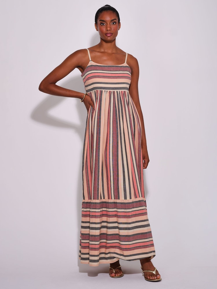 South Beach Orange Metallic Striped Tiered Maxi Dress - Image 1 of 4 South Beach Orange Metallic Striped Tiered Maxi Dress - Image 1 of 4
