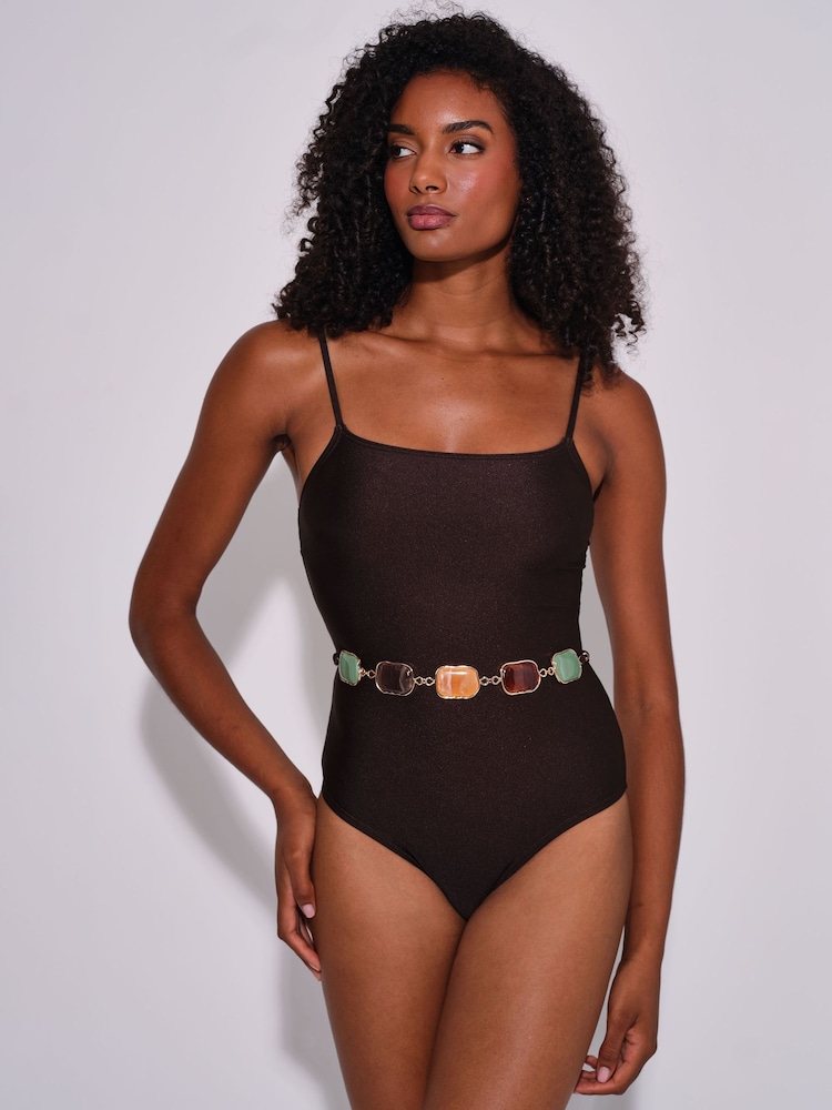 South Beach Stone Brown Belt Detail Scoop Back Swimsuit - Image 1 of 6 South Beach Stone Brown Belt Detail Scoop Back Swimsuit - Image 1 of 6