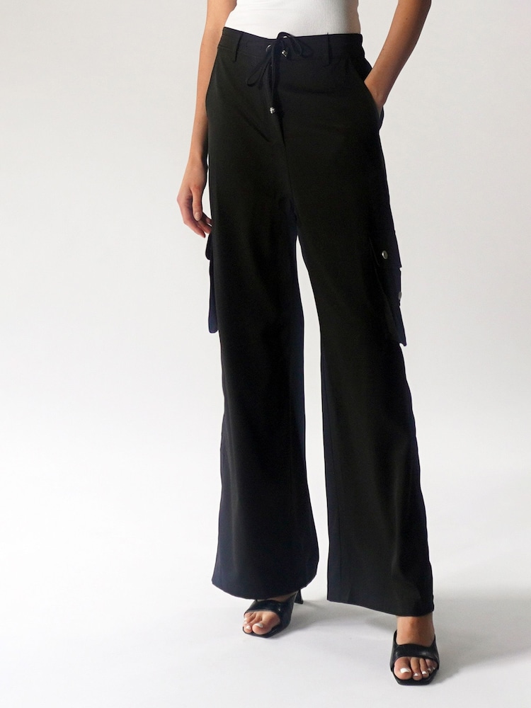 Religion Black Wide leg Energy Cargo Trousers in Matt Sateen - Image 1 of 6