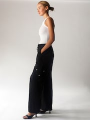Religion Black Wide leg Energy Cargo Trousers in Matt Sateen - Image 3 of 6