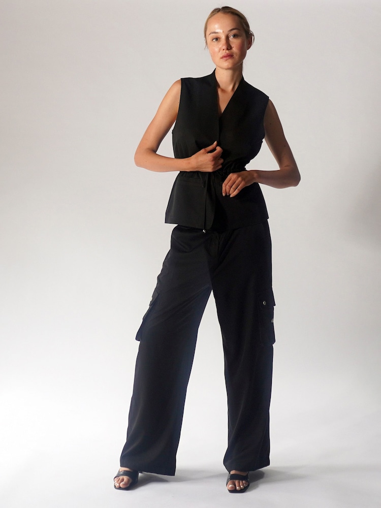 Religion Black Wide leg Energy Cargo Trousers in Matt Sateen - Image 6 of 6