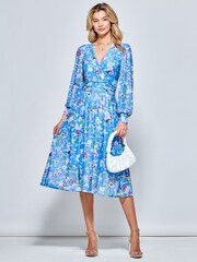 Jolie Moi Light Blue Floral Long Sleeve Mesh Midi Dress - Image 1 of 5