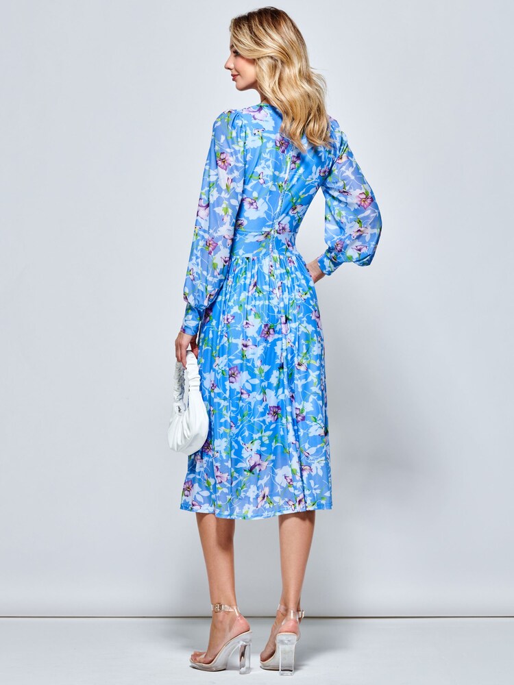 Jolie Moi Light Blue Floral Long Sleeve Mesh Midi Dress - Image 2 of 5