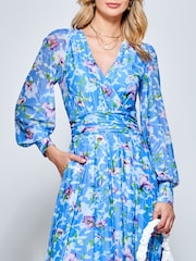 Jolie Moi Light Blue Floral Long Sleeve Mesh Midi Dress - Image 3 of 5