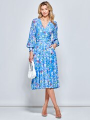 Jolie Moi Light Blue Floral Long Sleeve Mesh Midi Dress - Image 4 of 5
